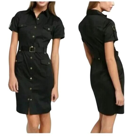 Calvin Klein Denim Shirt Dress Size 6 Snap Front Belted Black Work Utility NEW - Picture 1 of 8